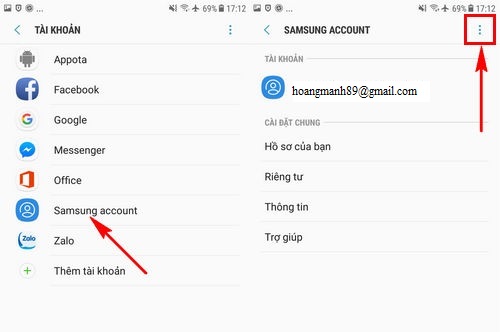 Tại đây các bạn sẽ lựa chọn mục Tài khoản (Account) như hình trên để truy cập vào trình quản lý tài khoản trên điện thoại Samsung. Bước 2 : Kế tiếp chúng ta sẽ lựa chọn mục tài khoản Samsung Account đã được nhập trên thiết bị từ danh sách các tài khoản như hình dưới.